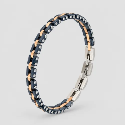 Bracciale uomo ceramica con maglia rosé in acciaio inox